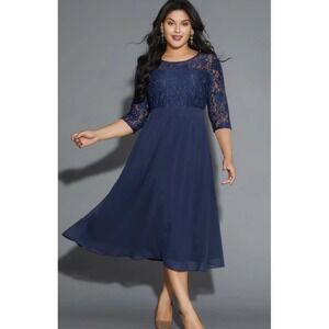 Bloomchic Women's Plus Size Navy Blue Lace Bodice Midi Dress US 14/16